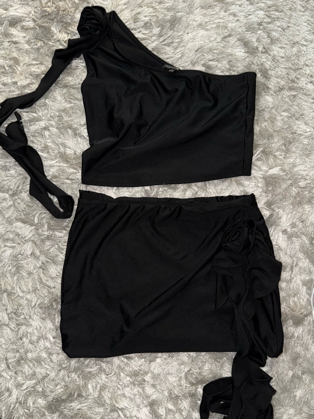 Black One-Shoulder Crop Top & Wrap Skirt Set - Women
